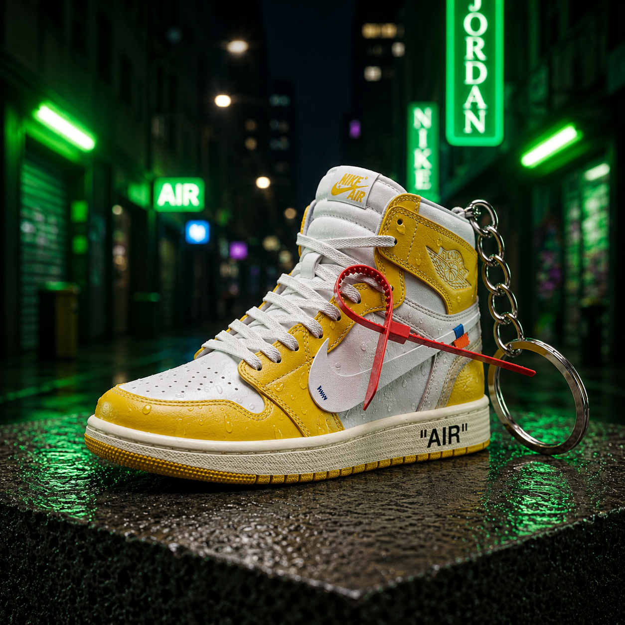 AJ1 Off-White "Canary" mini sneakers keychain — Air Jordan 1 charm in solid metal by Bakost
