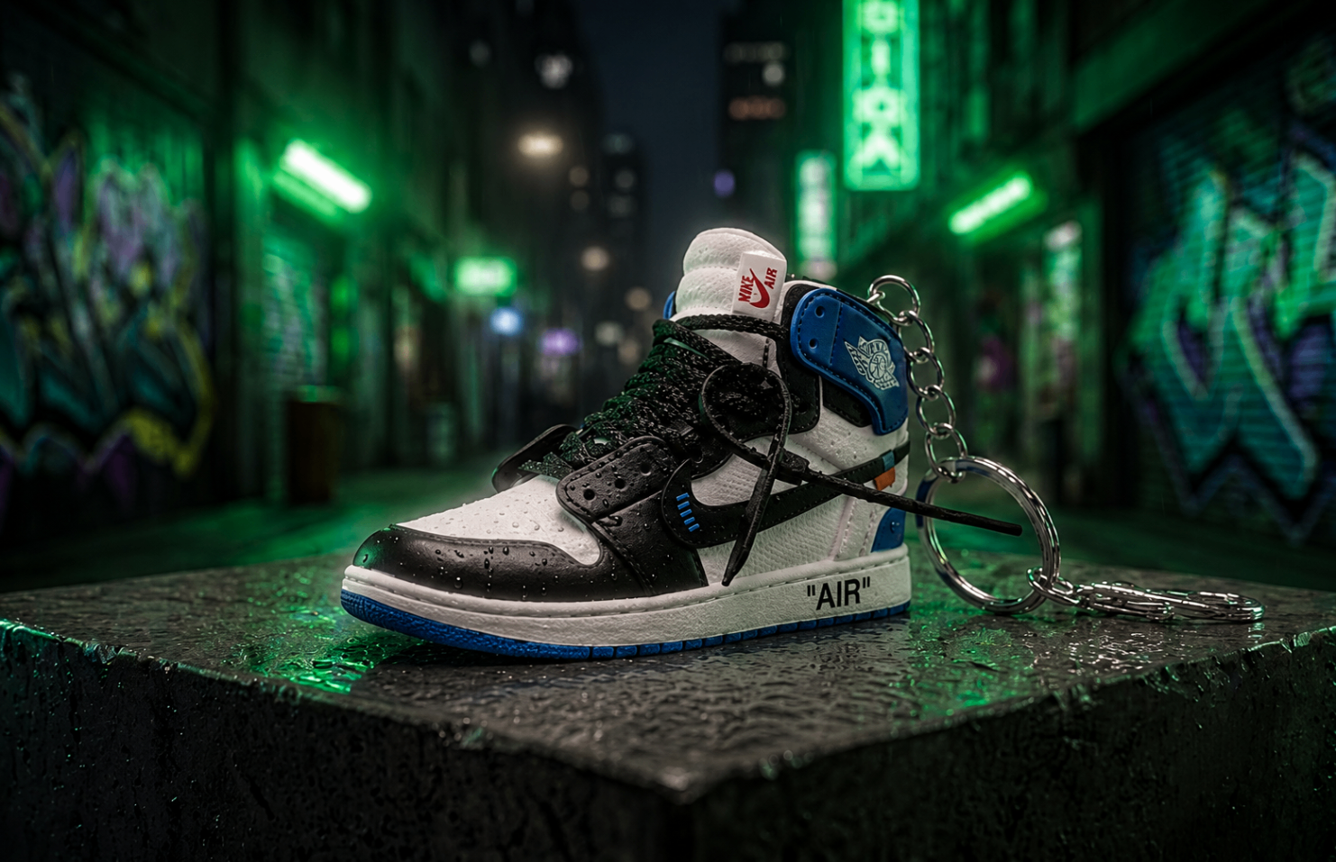 Off-White Powder Blue mini sneakers keychain — Air Jordan 1 charm in solid metal by Bakost