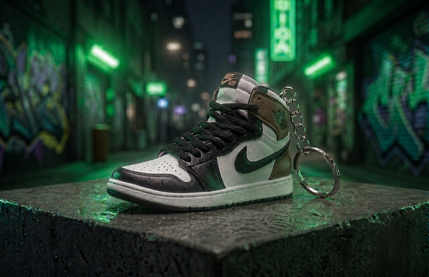 Patina Olive mini sneakers keychain — Air Jordan 1 charm in solid metal by Bakost