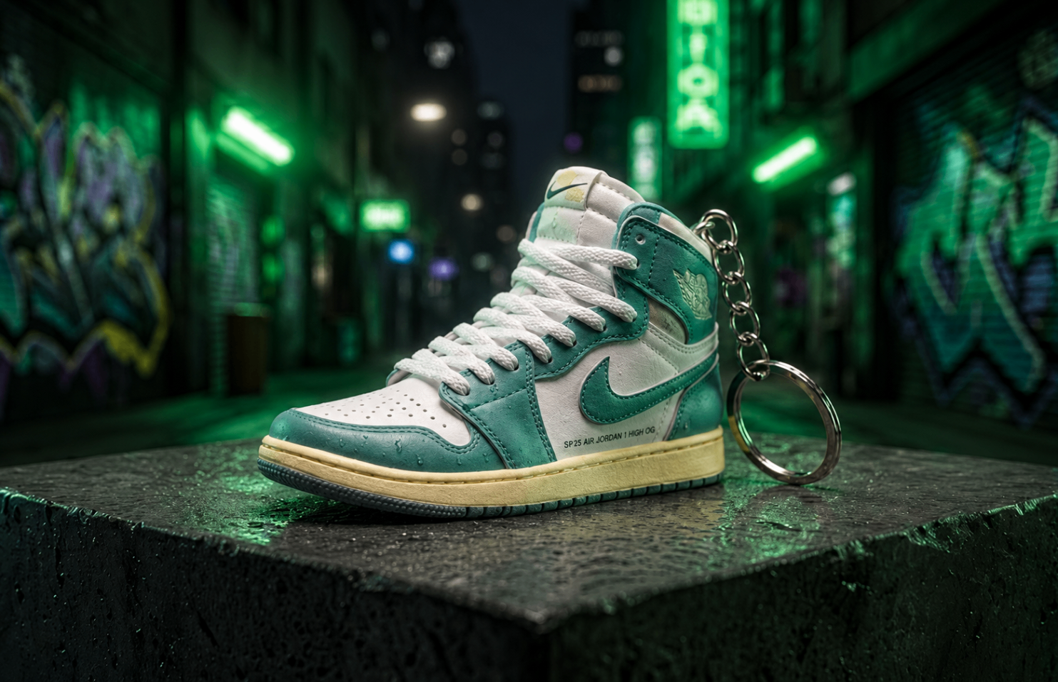 Turbo Green SP25 mini sneakers keychain — Air Jordan 1 charm in solid metal by Bakost