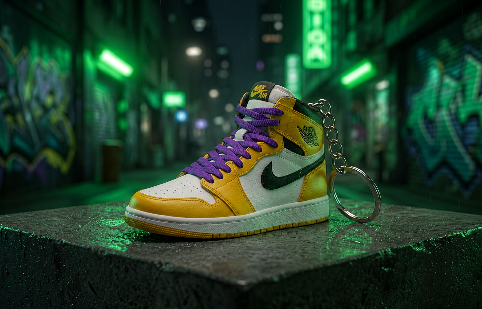 Air Jordan 1 Yellow Purple mini sneakers keychain — Air Jordan 1 charm in solid metal by Bakost